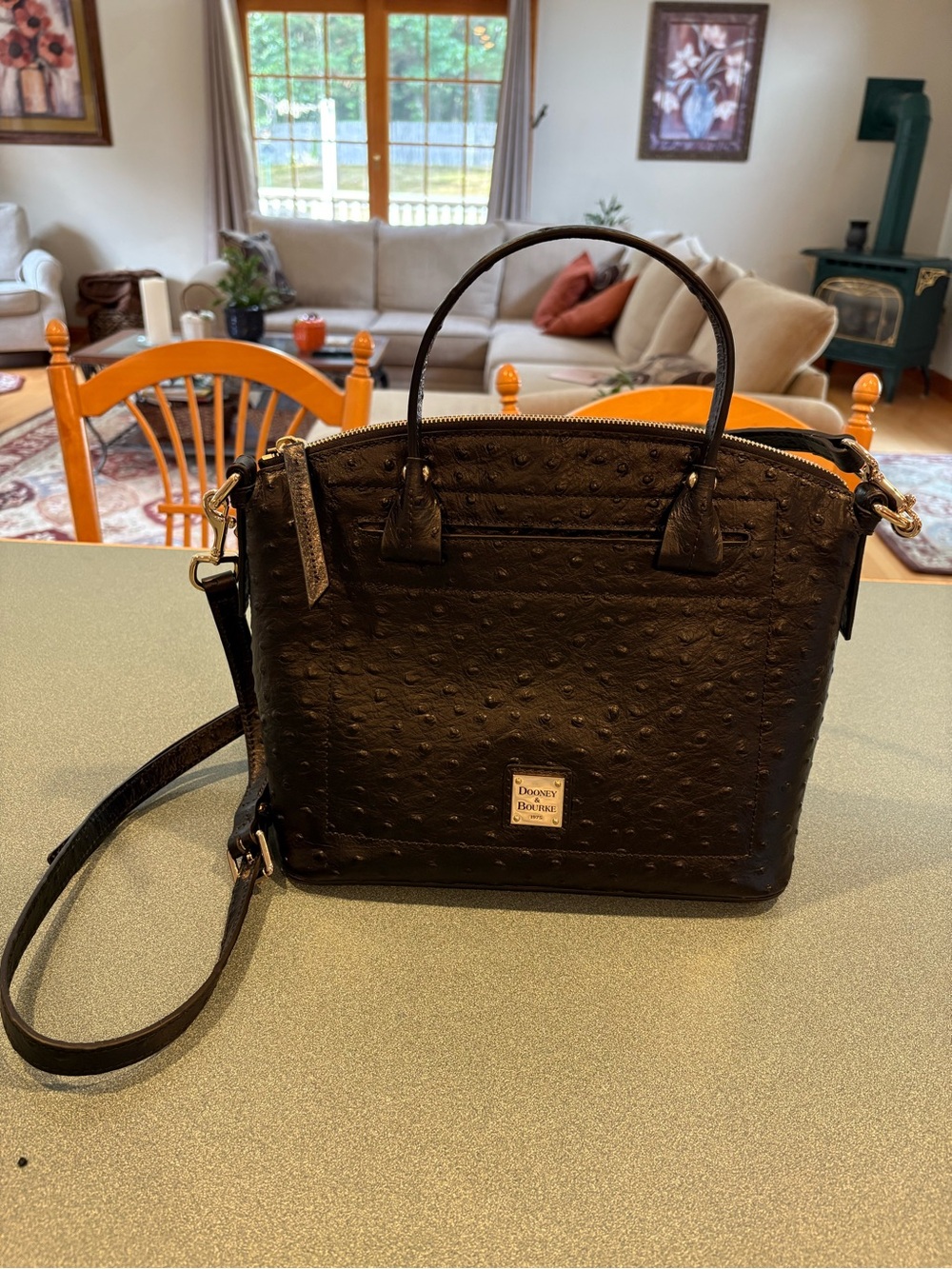Dooney & Bourke Black Ostrich-Embossed Leather Satchel with Crossbody Strap